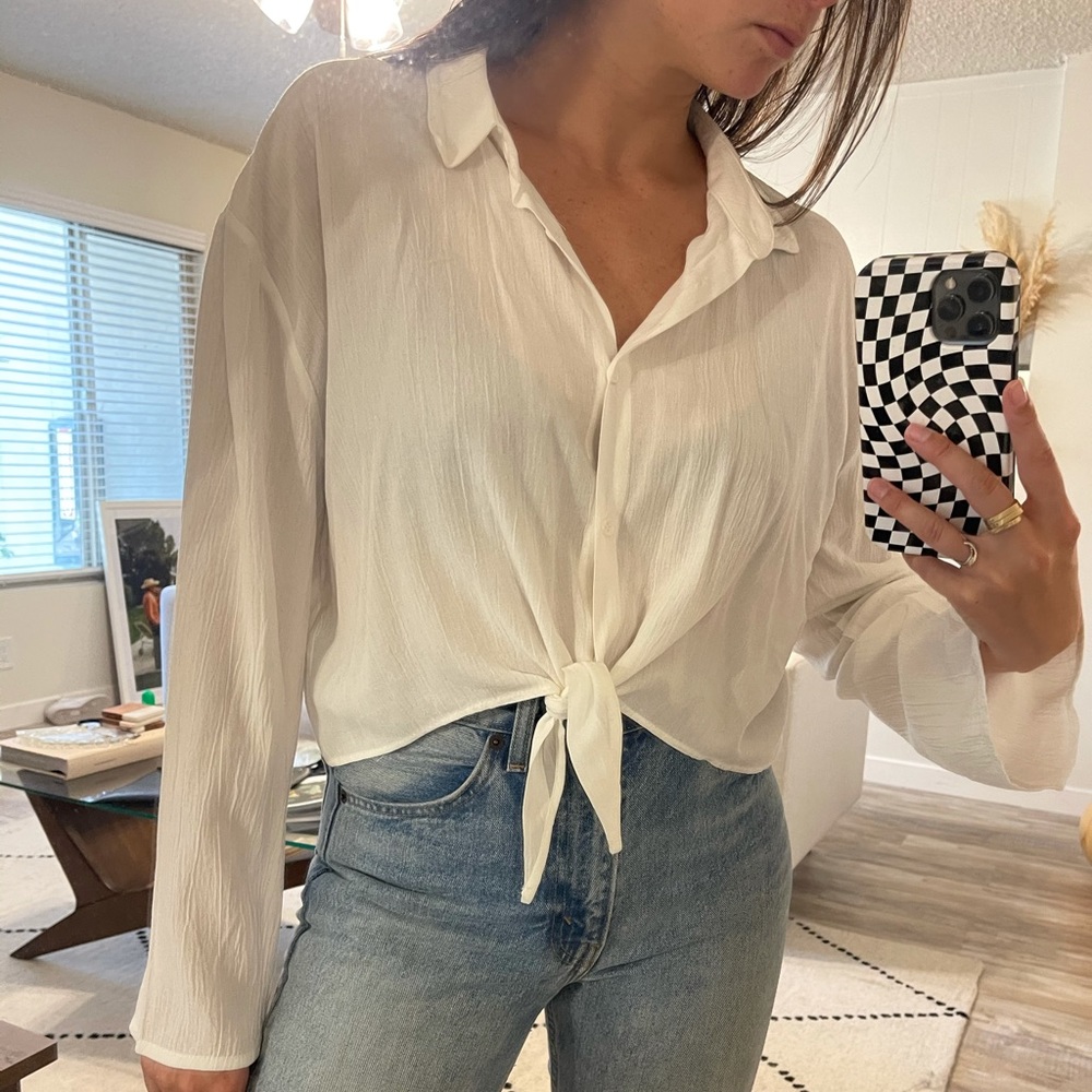 White Linen Tie Front Button Down